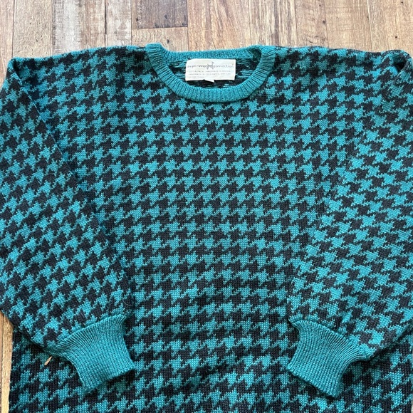Peruvian Connection Alpaca Balloon Sleeve Houndstooth Teal/Black Sweater Medium - Picture 2 of 4